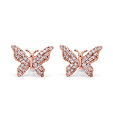 Butterfly Stud Earrings Rose Tone, Simulated CZ 925 Sterling Silver (14mm)